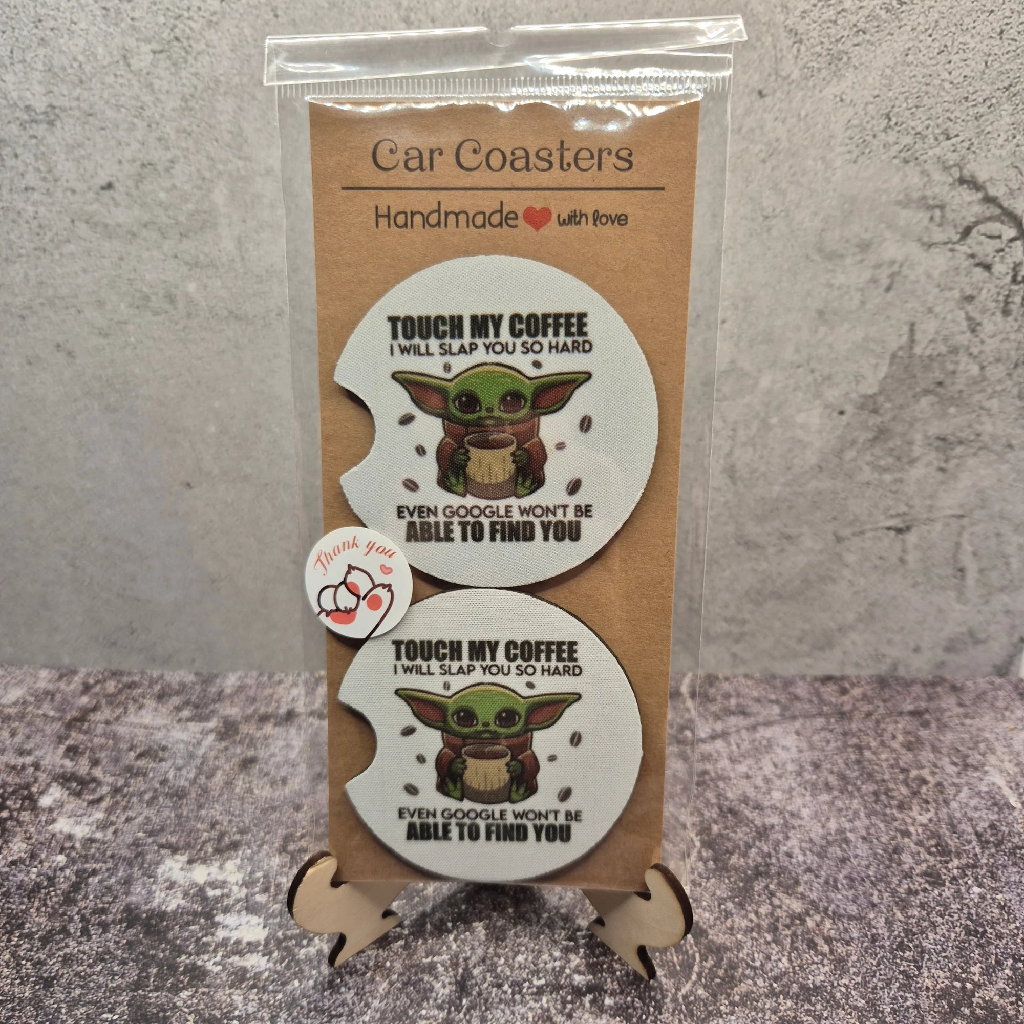 Baby Yoda "Don't Touch My Coffee" Car Coaster – Cute Star Wars Fan Art Cup Holder Insert