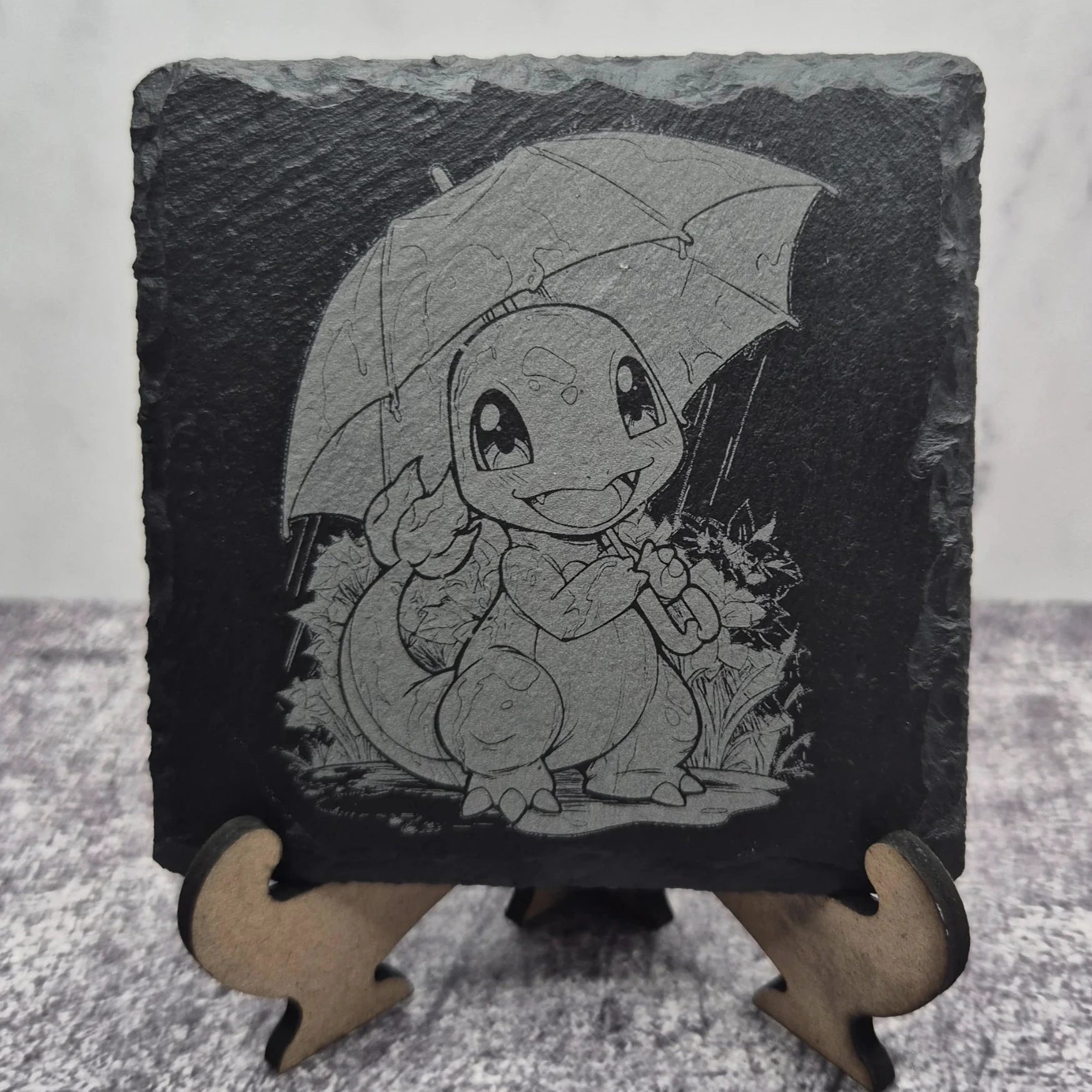 Charmander with Umbrella Slate Coaster – Pokémon – Laser Engraved
