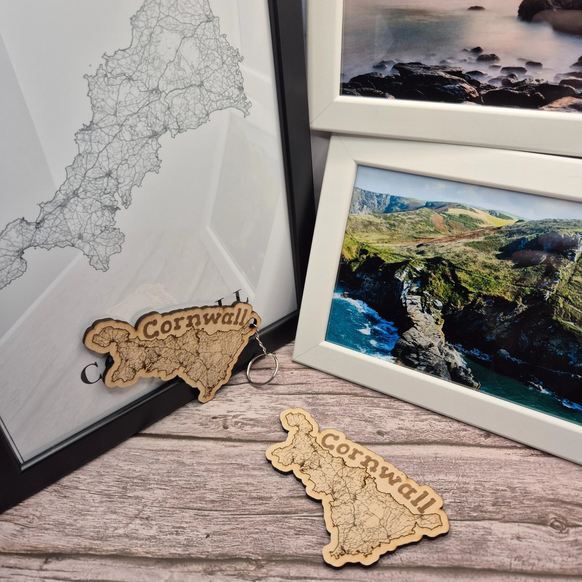 Cornwall Map, Wooden Keyring, Magnet Set