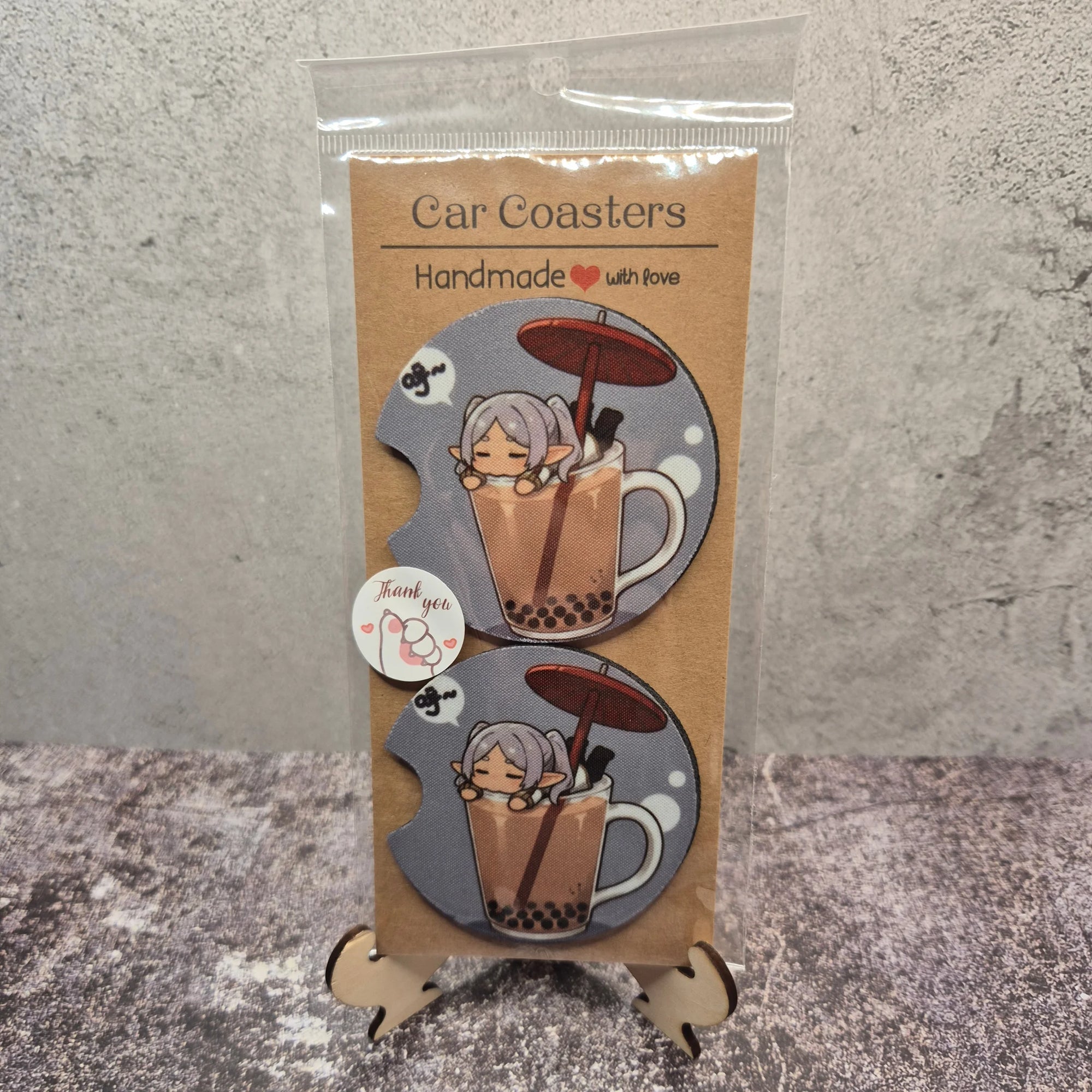 Frieren Chilling Out on Boba Car Coaster – Cute Anime Fan Art Cup Holder Insert