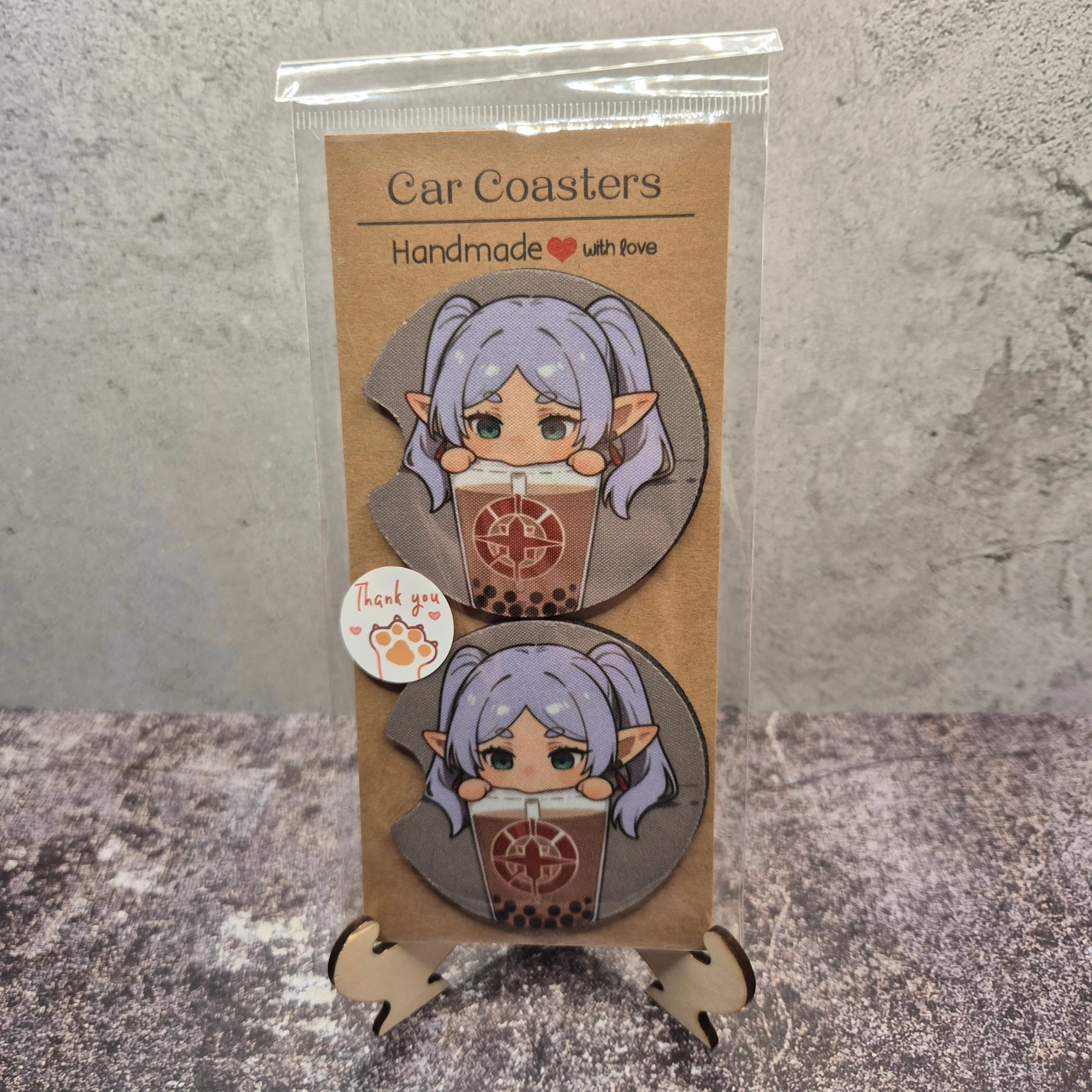 Frieren Slurping Boba Car Coaster – Funny & Cute Anime Fan Art Cup Holder Insert