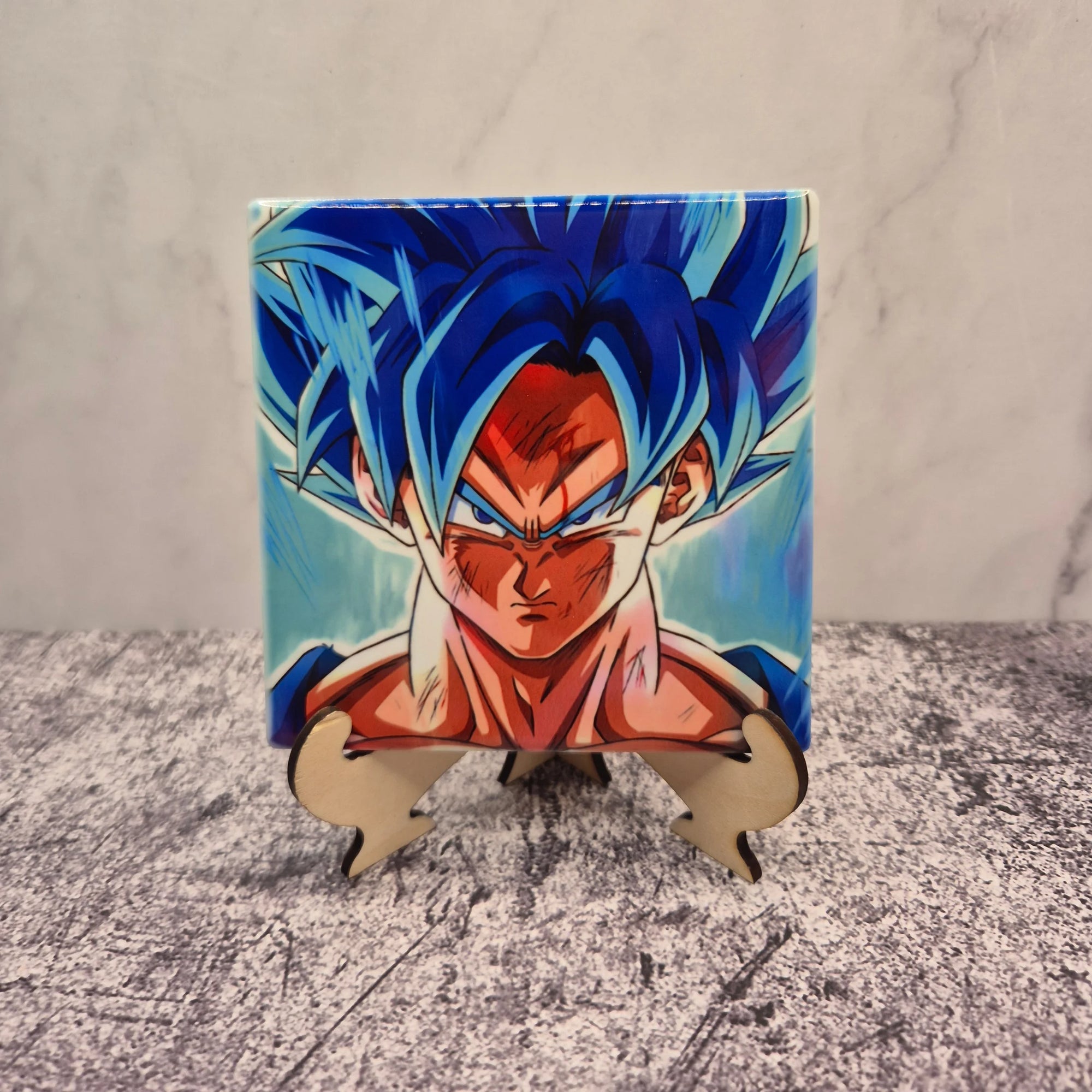 Goku Blue Ceramic Coaster – 4x4 inch Fan Art Drink Mat – Dragon Ball Super Gift
