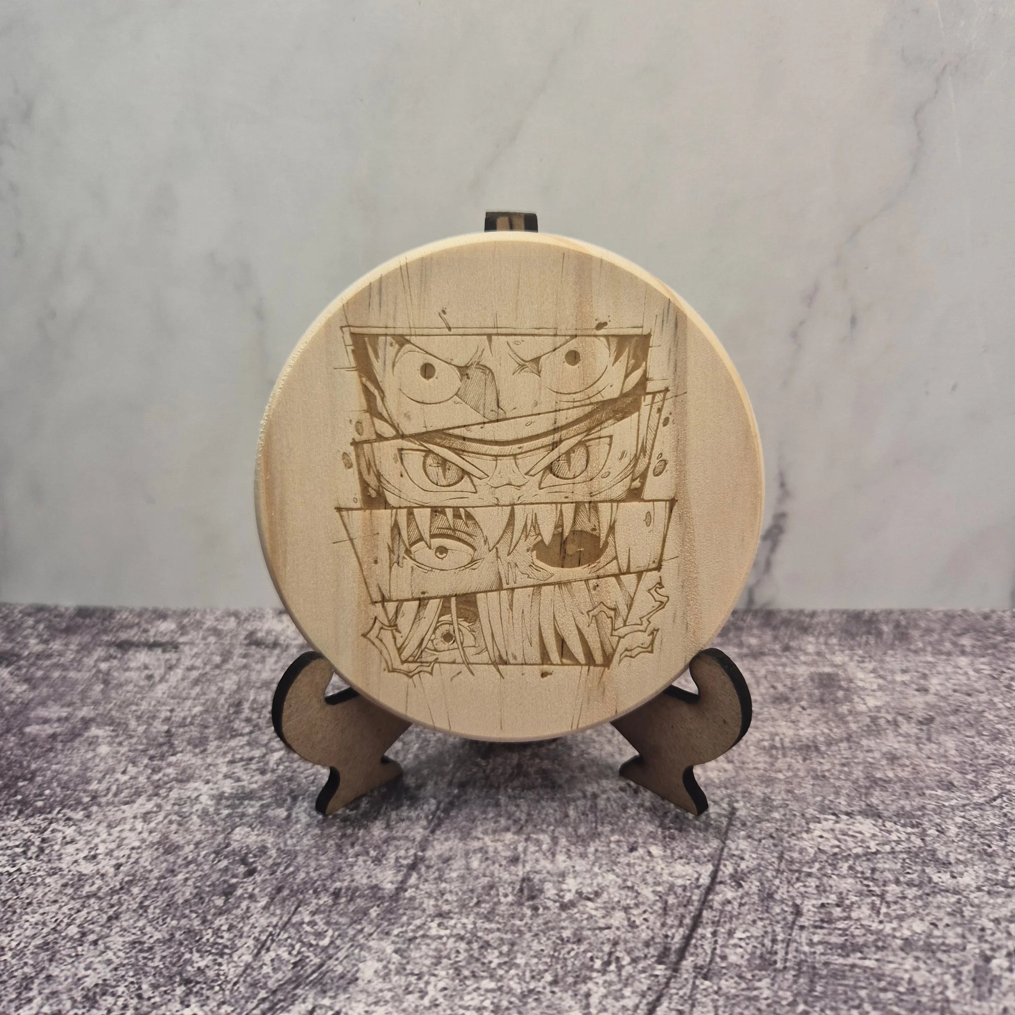 Luffy, Naruto, Kaneki & Gojo Eyes Wooden Coaster – Anime Crossover