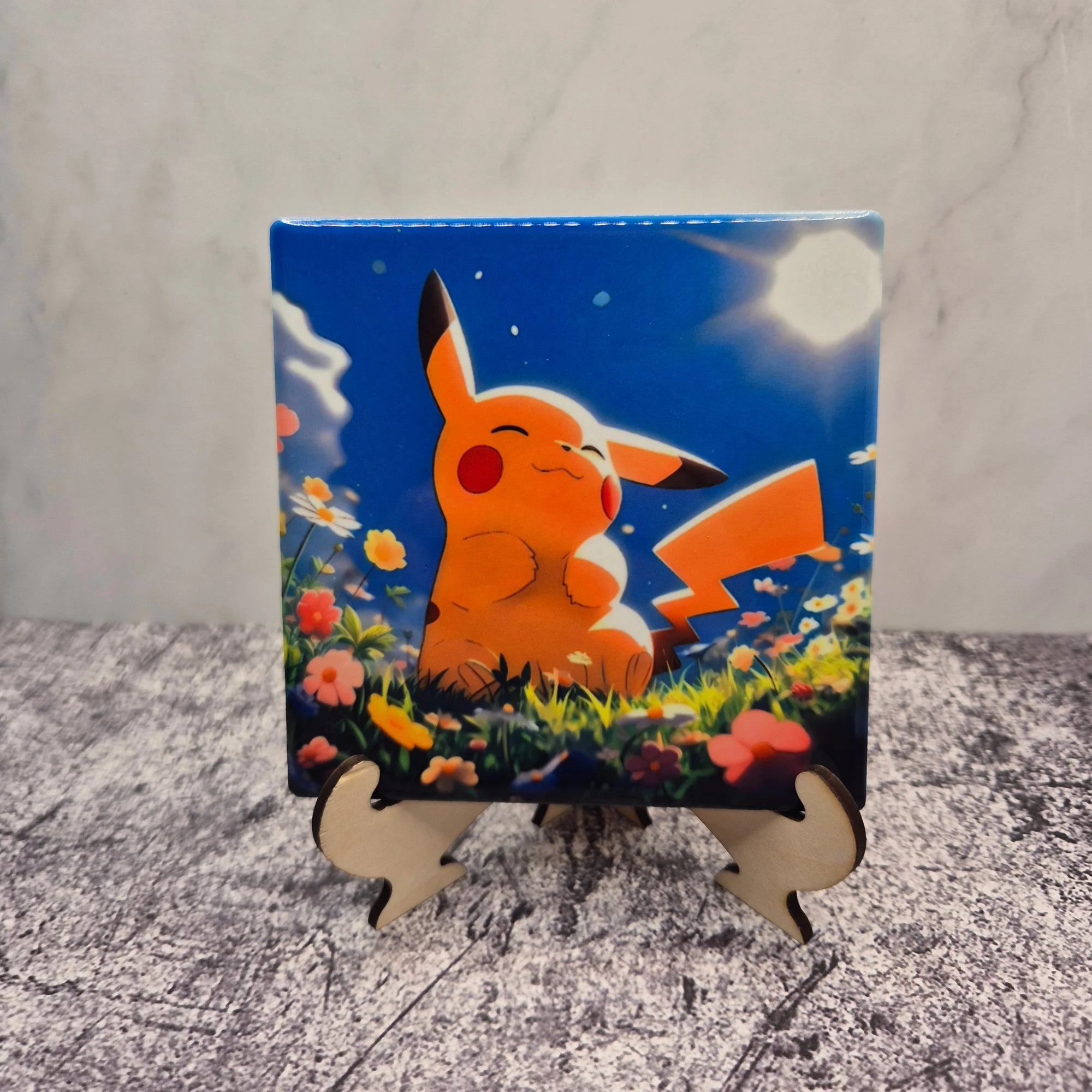 Pikachu Ceramic Coaster – 4x4 inch Fan Art Drink Mat – Pokémon Gift for Fans