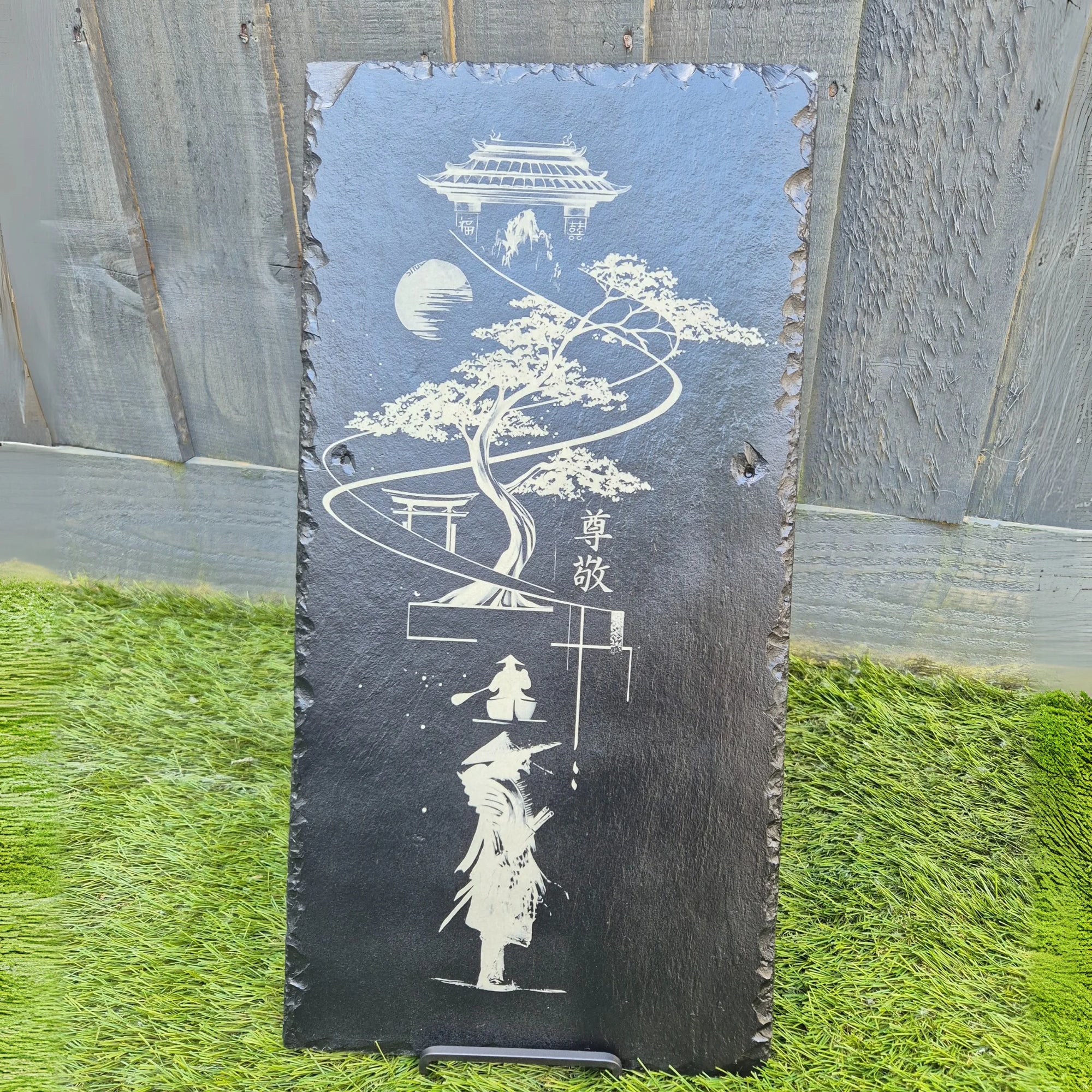 Big Slate Sign – Samurai, Bonsai Tree & Temple Scene
