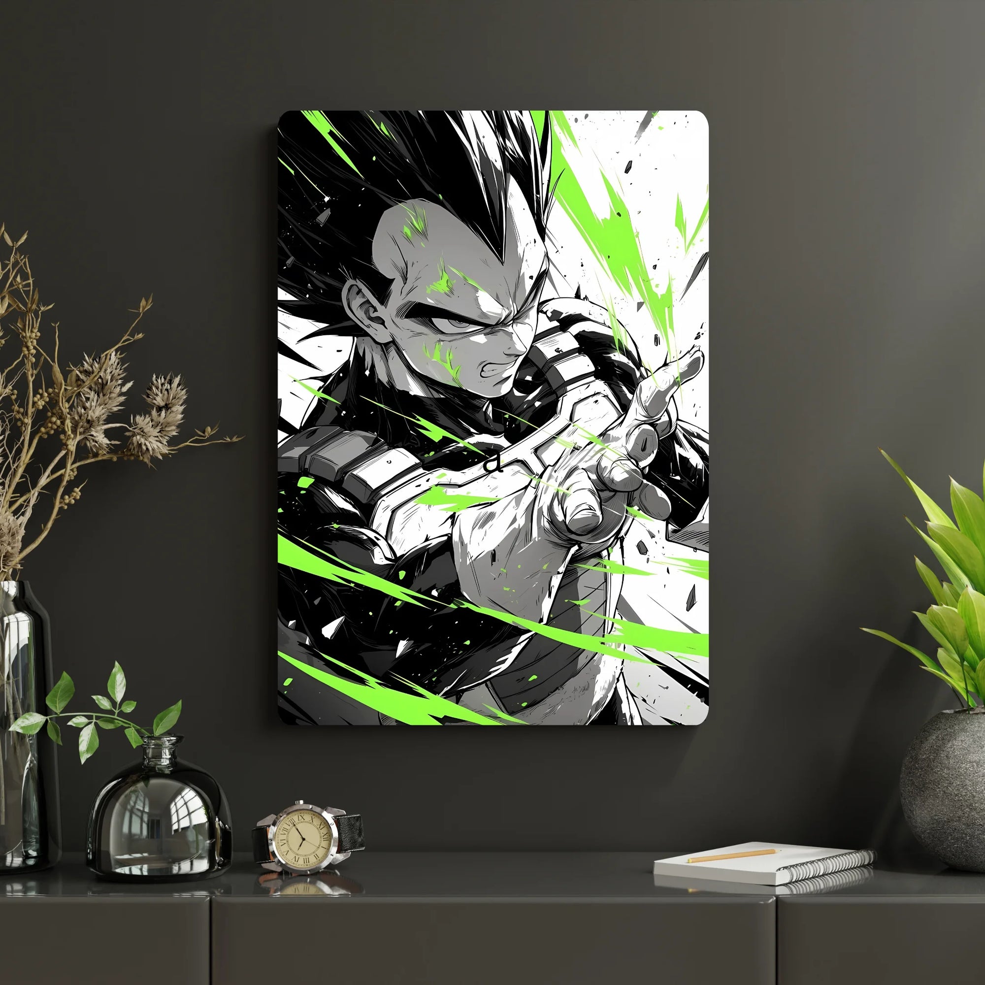 Dragon Ball – Vegeta Metal Poster | Glossy Finish with Hanging Strips & Metal Stand