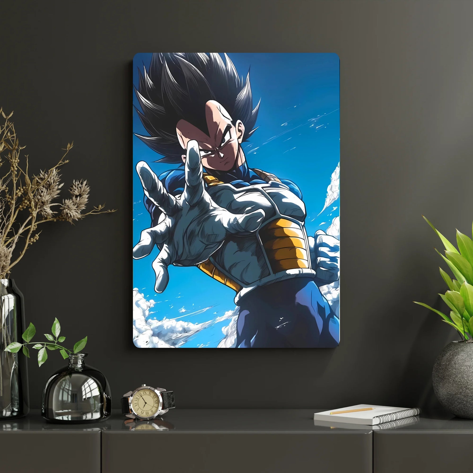Dragon Ball – Vegeta Metal Poster | Glossy Finish with Hanging Strips & Metal Stand