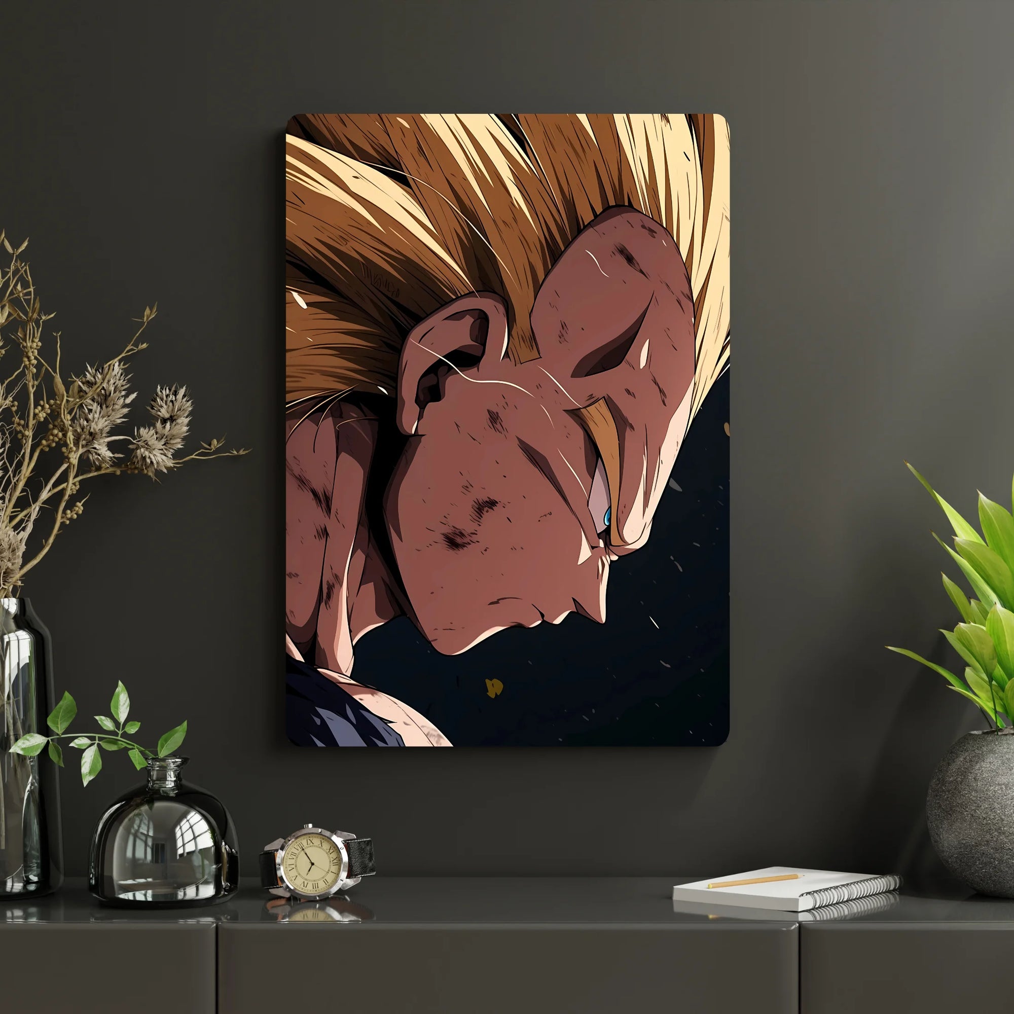 Dragon Ball – Vegeta Metal Poster | Glossy Finish with Hanging Strips & Metal Stand