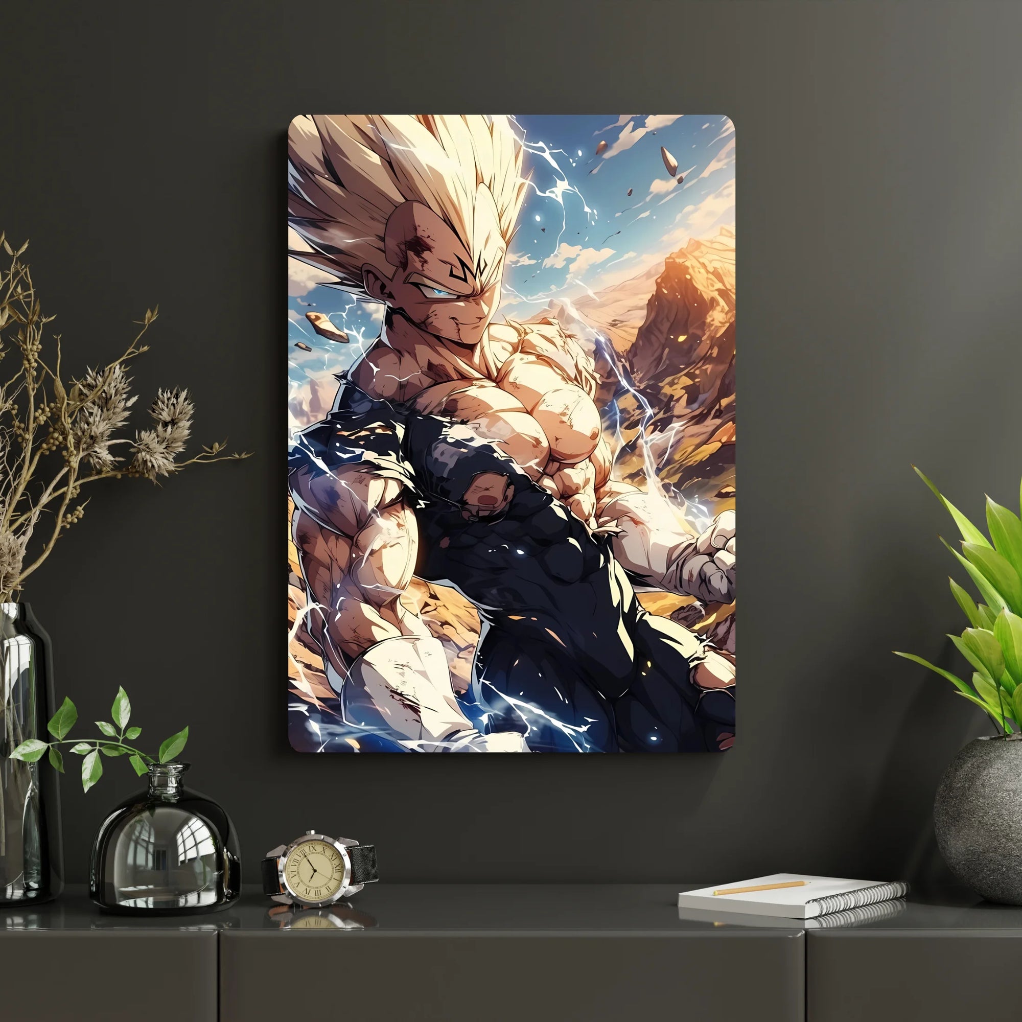 Dragon Ball – Vegeta Metal Poster | Glossy Finish with Hanging Strips & Metal Stand