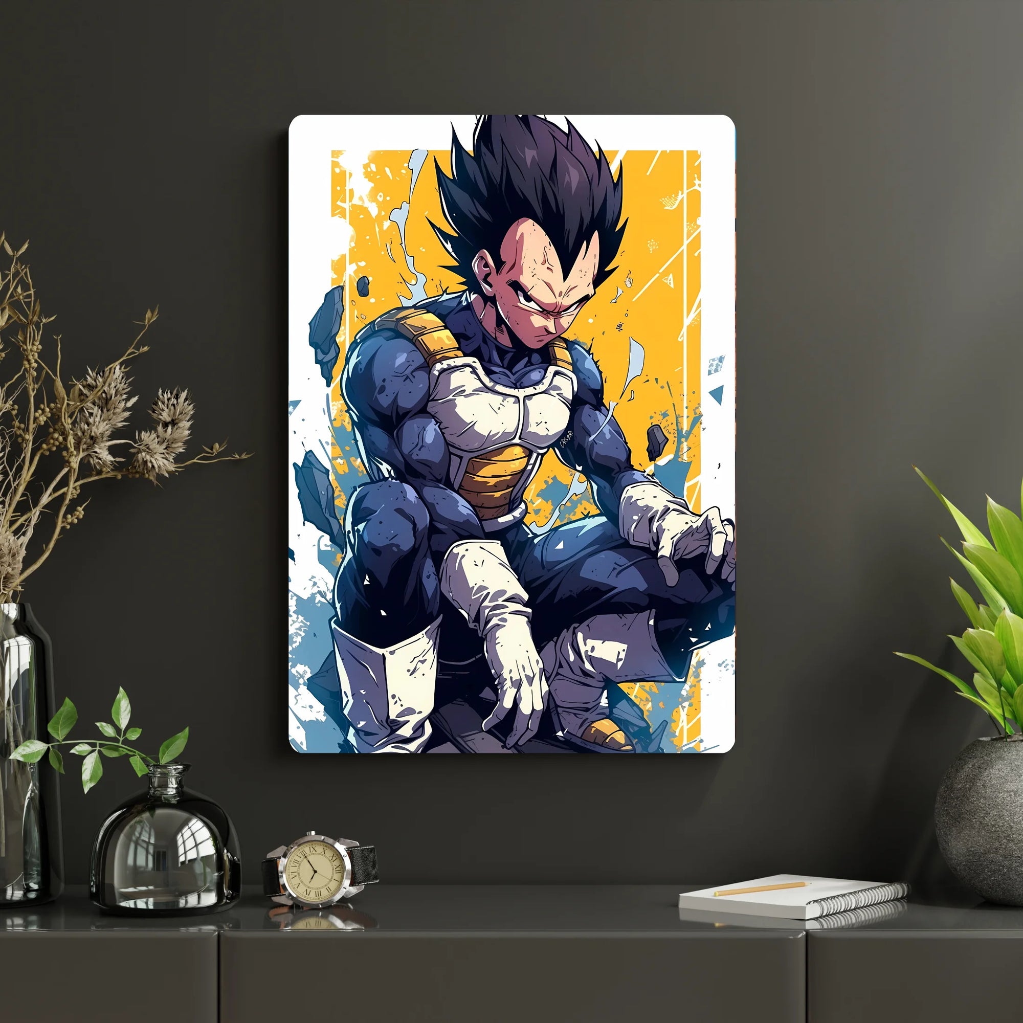 Dragon Ball – Vegeta Metal Poster | Glossy Finish with Hanging Strips & Metal Stand