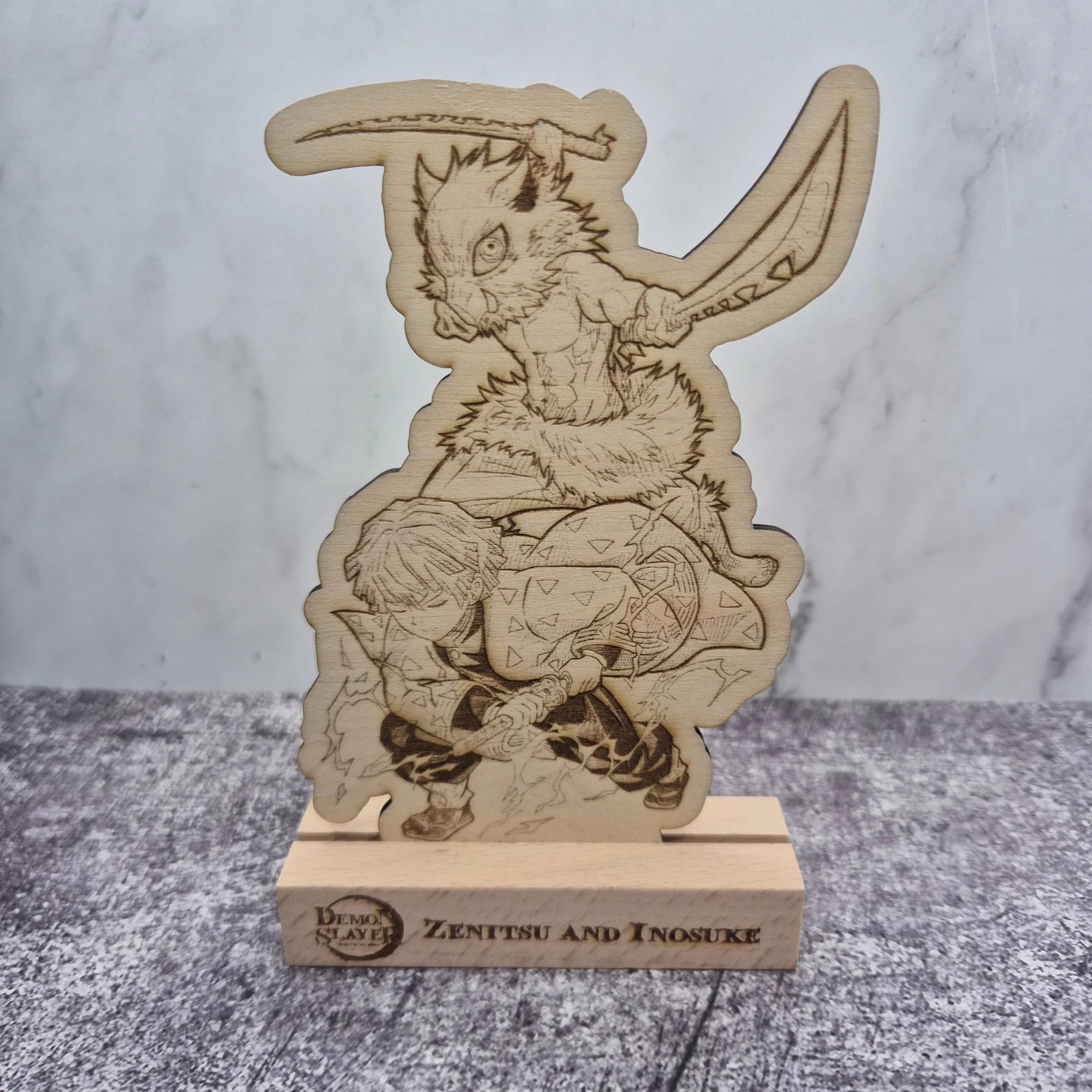 Zenitsu & Inosuke Wooden Stand – Demon Slayer – Hand-Finished Anime Display